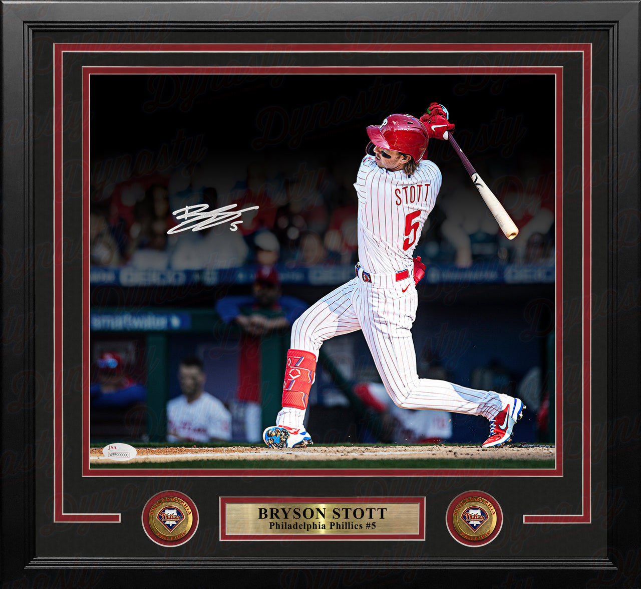 Bryson Stott Philadelphia Phillies Autographed Framed First MLB Hit Blackout Baseball Photo - Dynasty Sports & Framing 