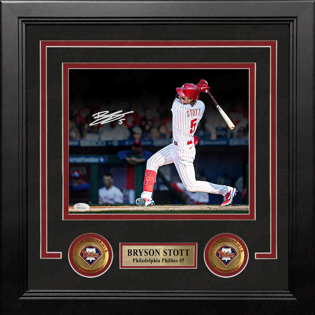 Bryson Stott Philadelphia Phillies Autographed Framed First MLB Hit Blackout Baseball Photo - Dynasty Sports & Framing 