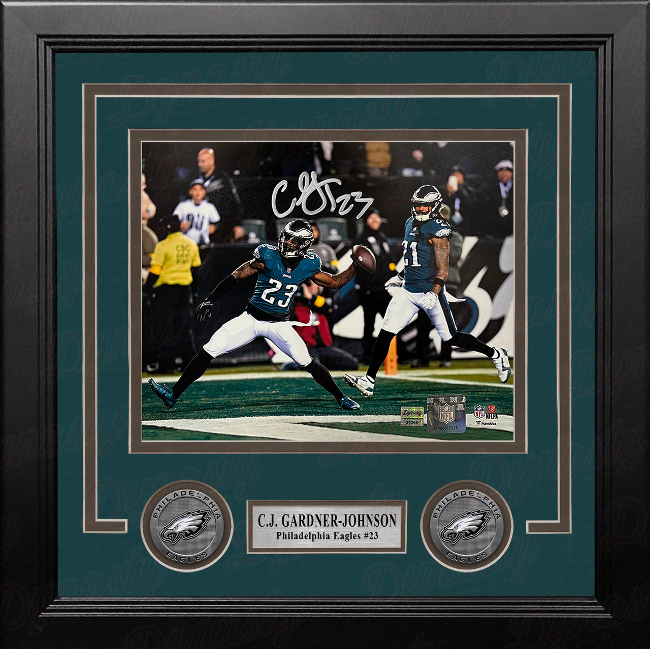 C. J. Gardner-Johnson Touchdown Spike Philadelphia Eagles Autographed Framed Football Photo - Dynasty Sports & Framing 