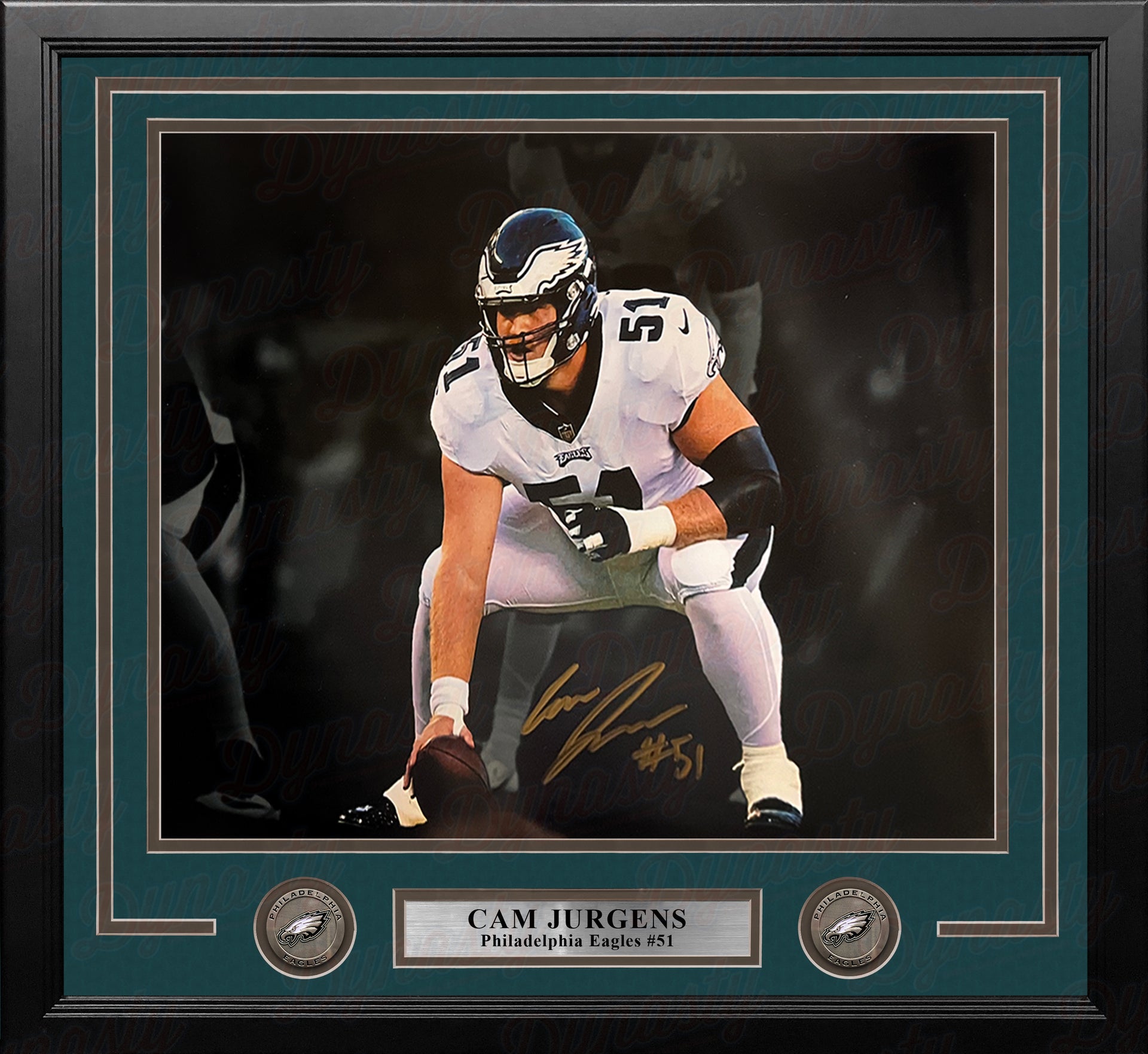 Cam Jurgens in Stance Philadelphia Eagles Autographed 11" x 14" Framed Blackout Football Photo - Dynasty Sports & Framing 