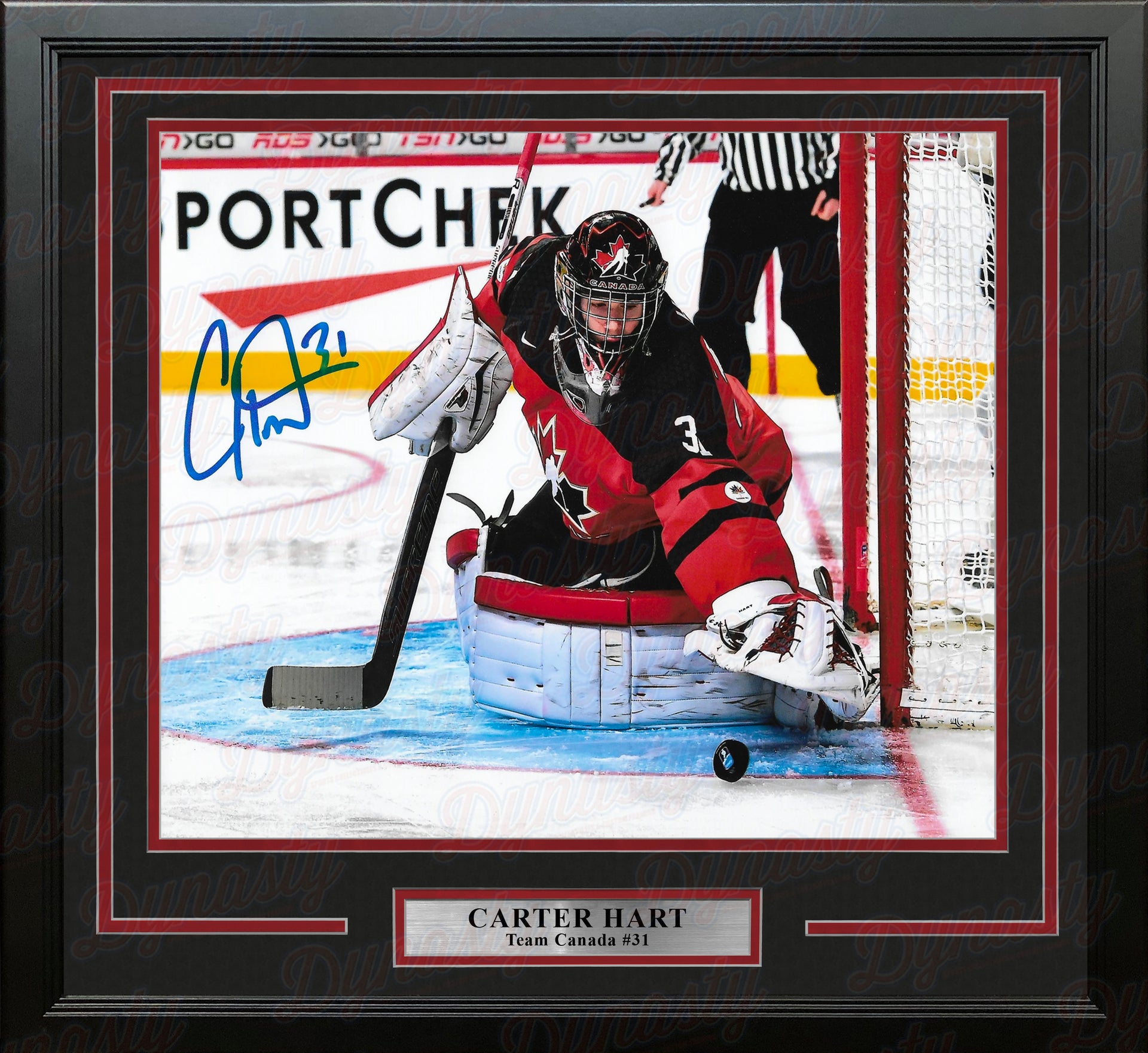 Carter Hart Philadelphia Flyers In Goal for Team Canada Autographed Framed Hockey Photo - Dynasty Sports & Framing 