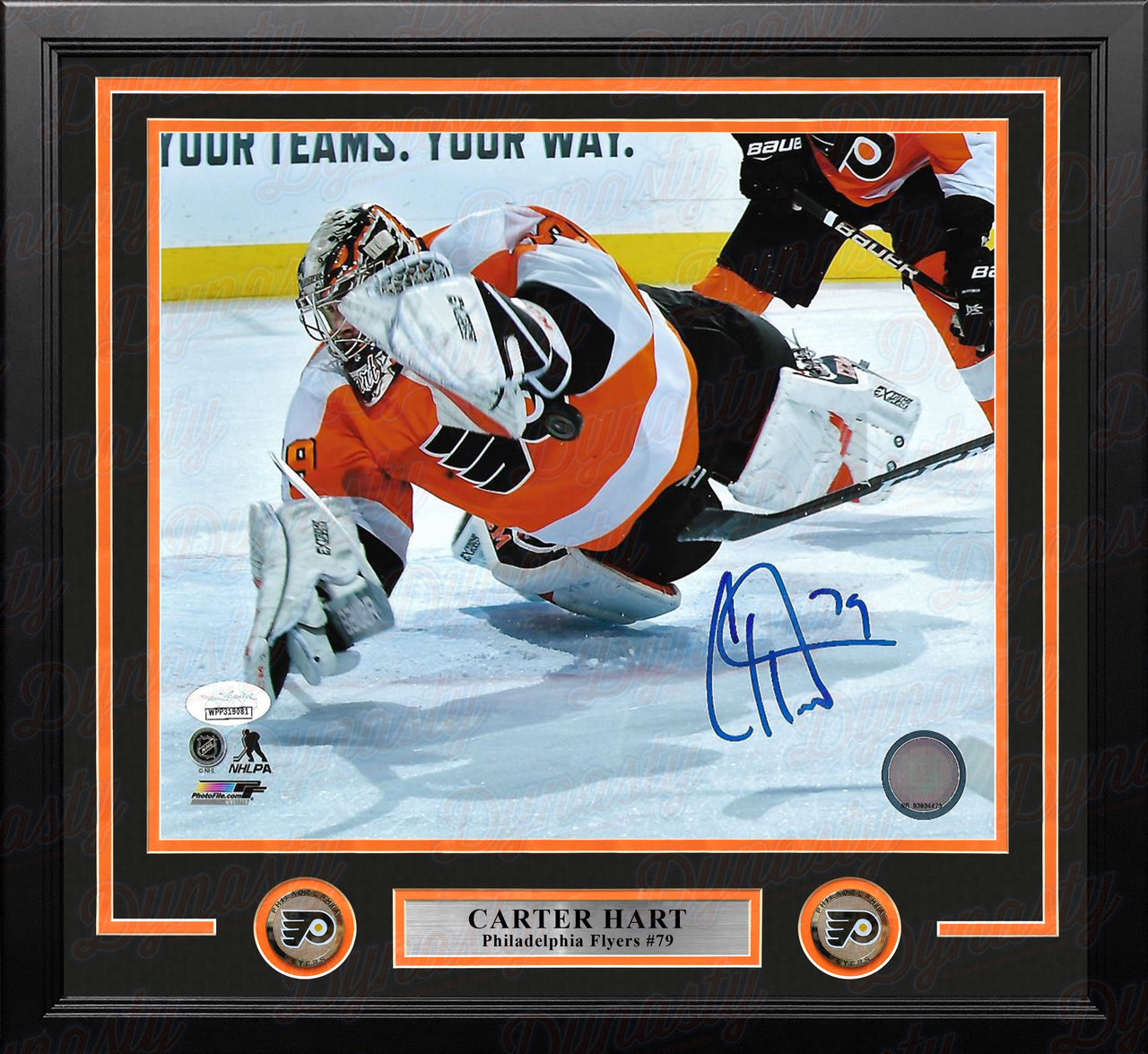 Carter Hart Philadelphia Flyers Diving Save vs. Canucks Autographed Framed Hockey Photo - Dynasty Sports & Framing 