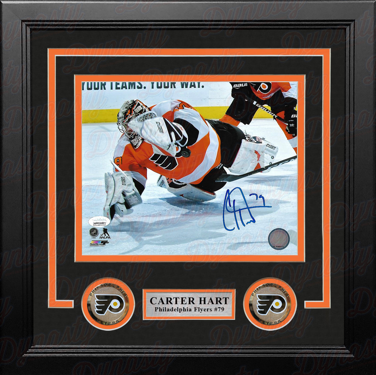 Carter Hart Philadelphia Flyers Diving Save vs. Canucks Autographed Framed Hockey Photo - Dynasty Sports & Framing 