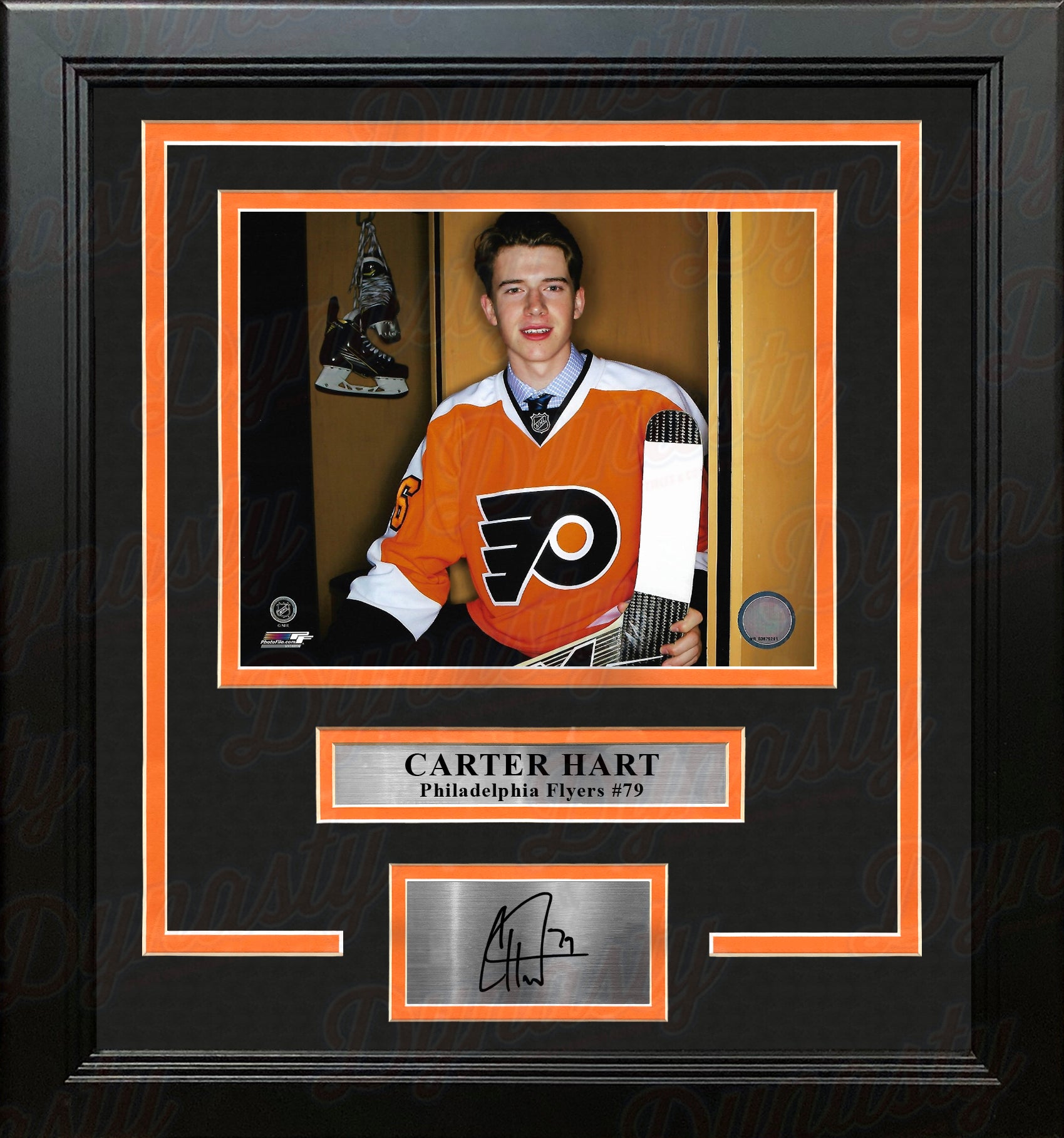 Carter Hart Philadelphia Flyers Locker Room Framed Hockey Photo with Engraved Autograph - Dynasty Sports & Framing 