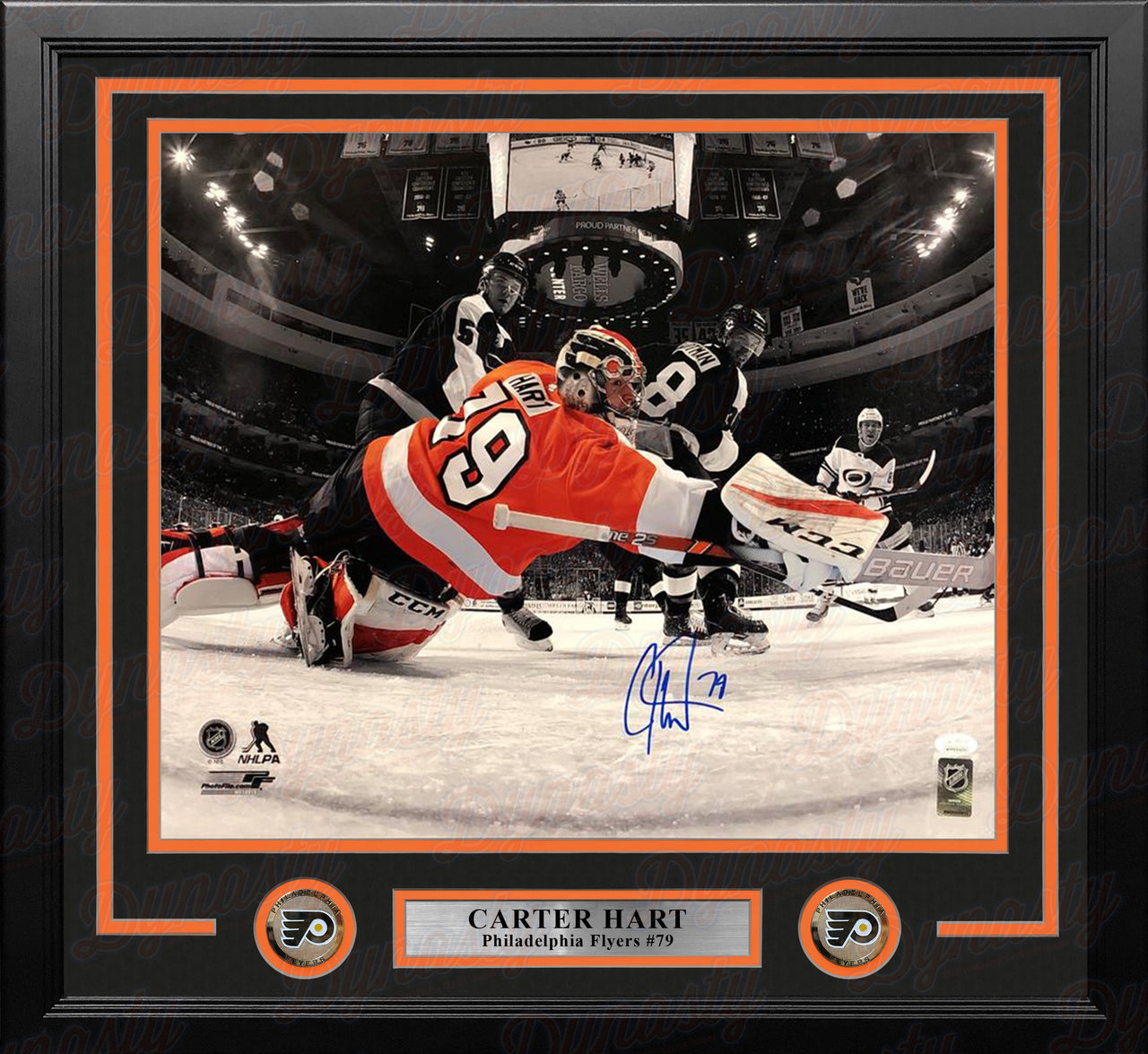 Carter Hart Philadelphia Flyers Spotlight Net Cam Autographed Framed Hockey Photo - Dynasty Sports & Framing