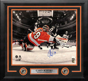 Carter Hart Philadelphia Flyers Spotlight Net Cam Autographed Framed Hockey Photo - Dynasty Sports & Framing 