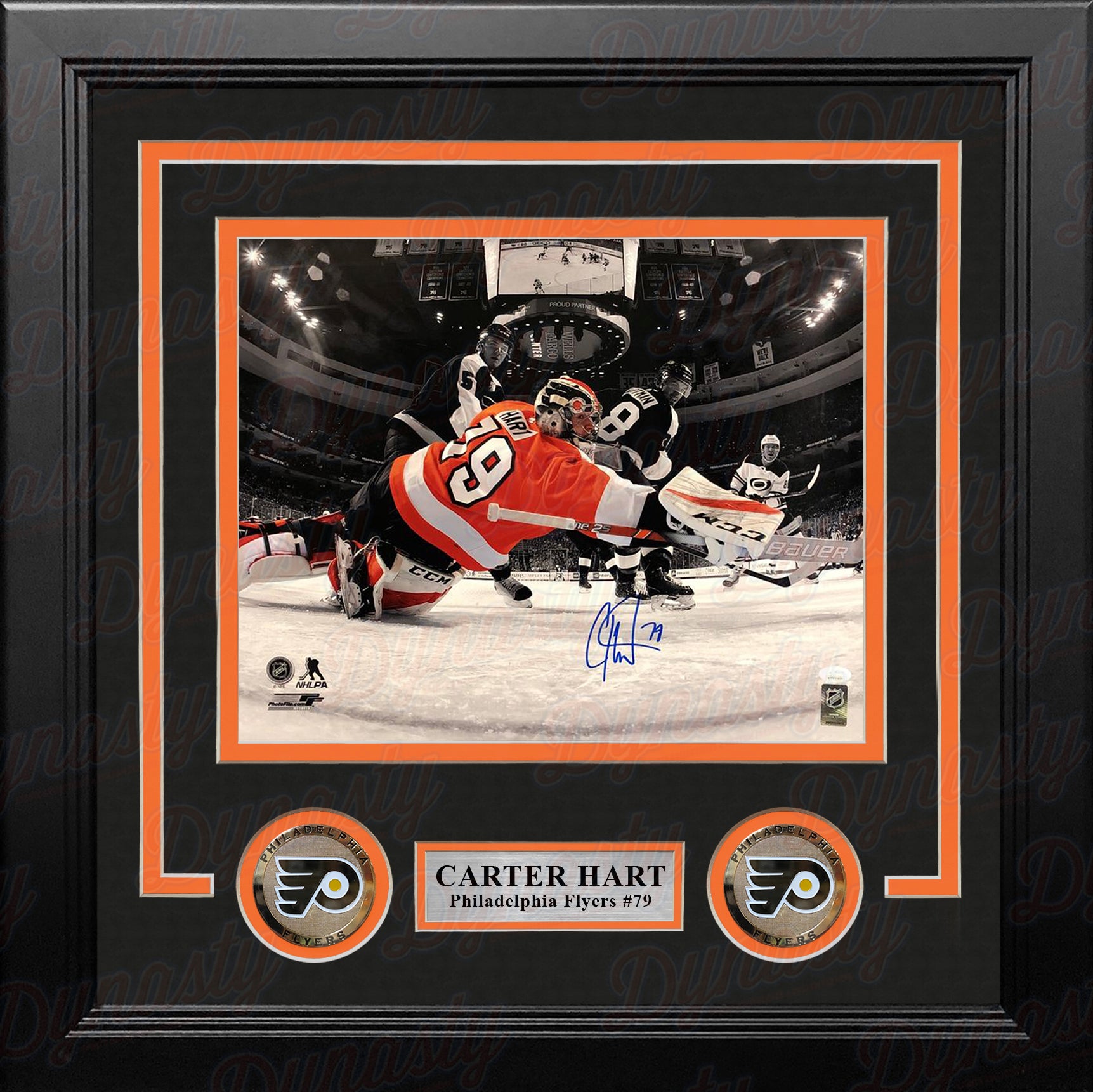 Carter Hart Philadelphia Flyers Spotlight Net Cam Autographed Framed Hockey Photo - Dynasty Sports & Framing 