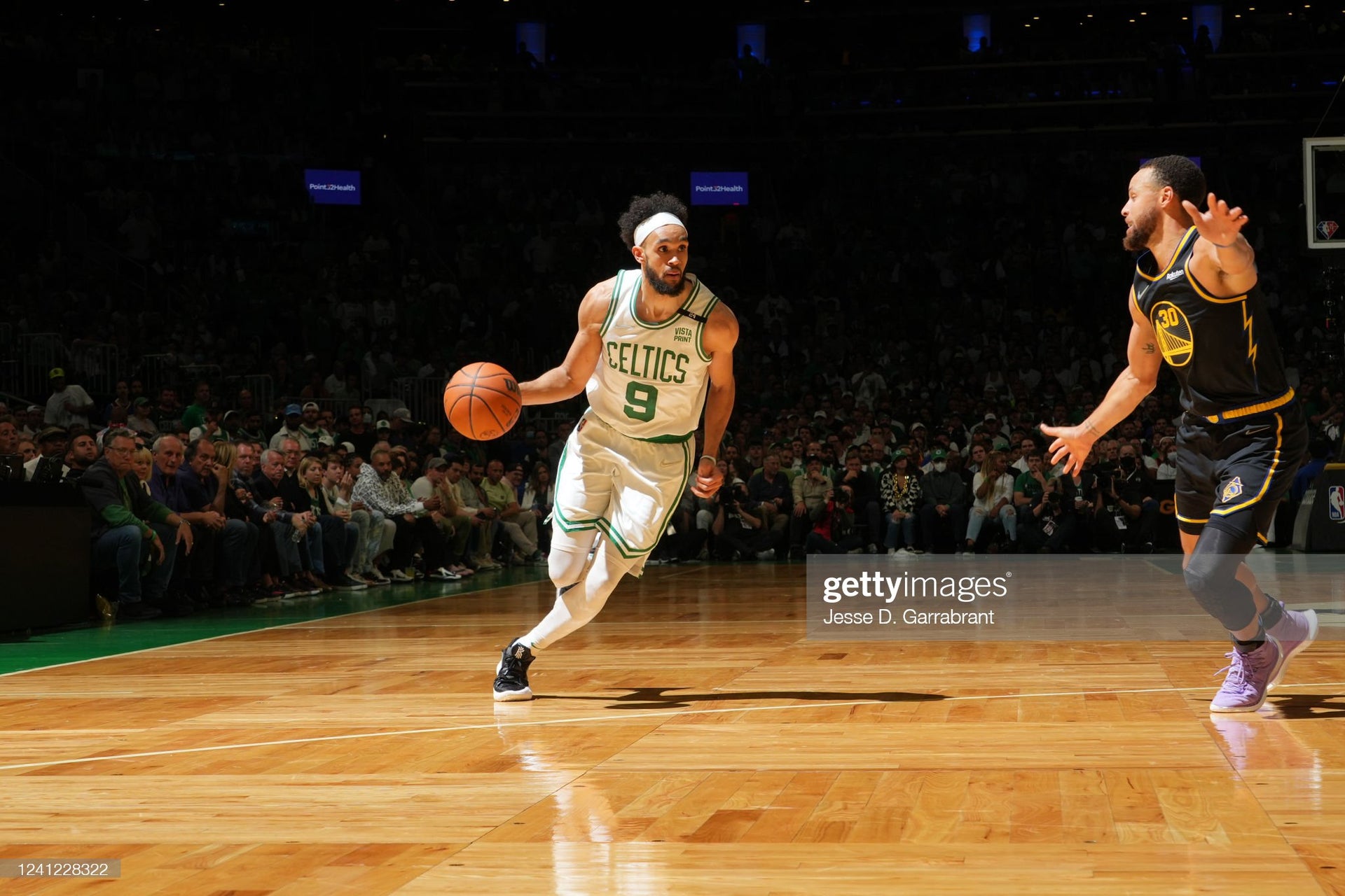 Derrick White v. Steph Curry Boston Celtics Basketball Photo - Dynasty Sports & Framing 