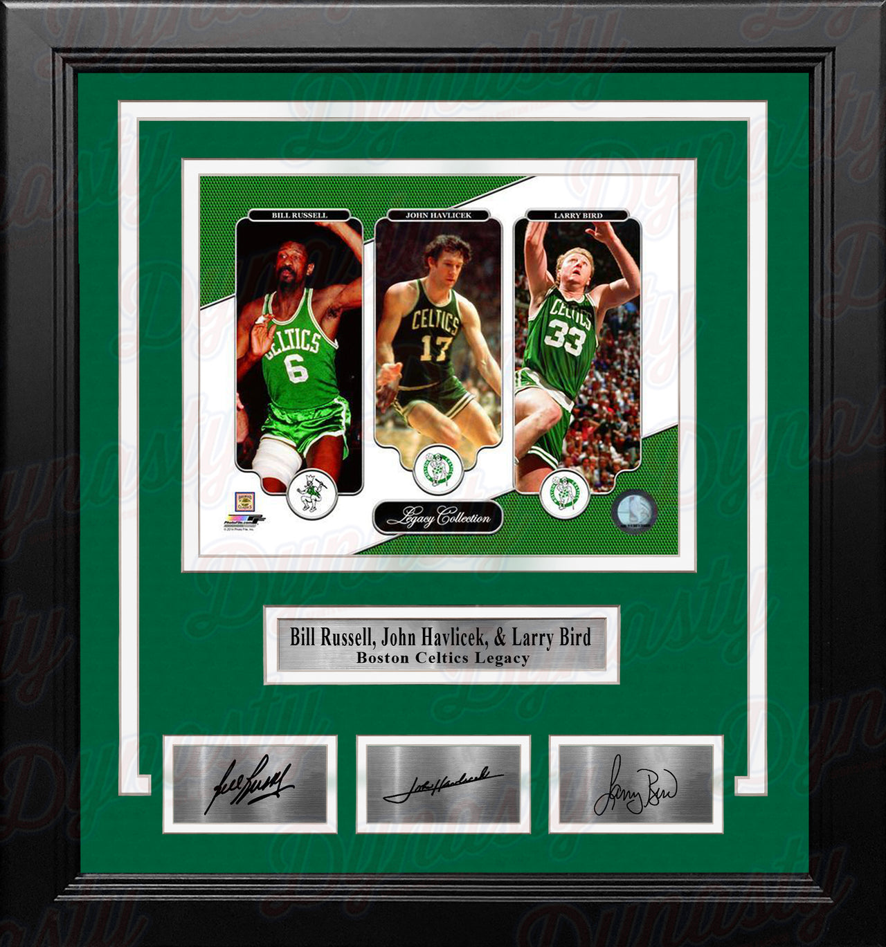 Bill Russell, John Havlicek, & Larry Bird Boston Celtics 8x10 Framed Photo with Engraved Autographs - Dynasty Sports & Framing 