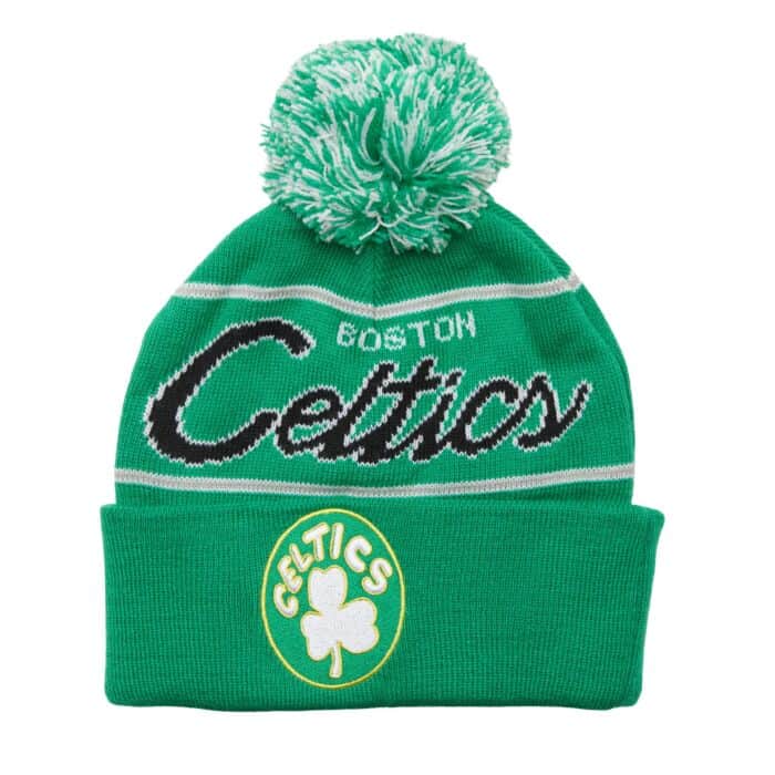 Boston Celtics Hardwood Classics Script Pom Beanie Knit Hat - Dynasty Sports & Framing 