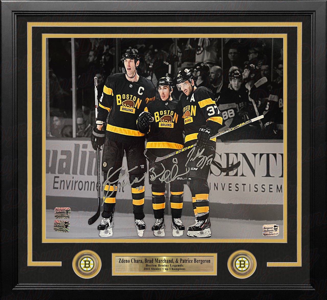 Zdeno Chara, Brad Marchand, Patrice Bergeron Boston Bruins Autographed 16x20 Framed Blackout Photo - Dynasty Sports & Framing 