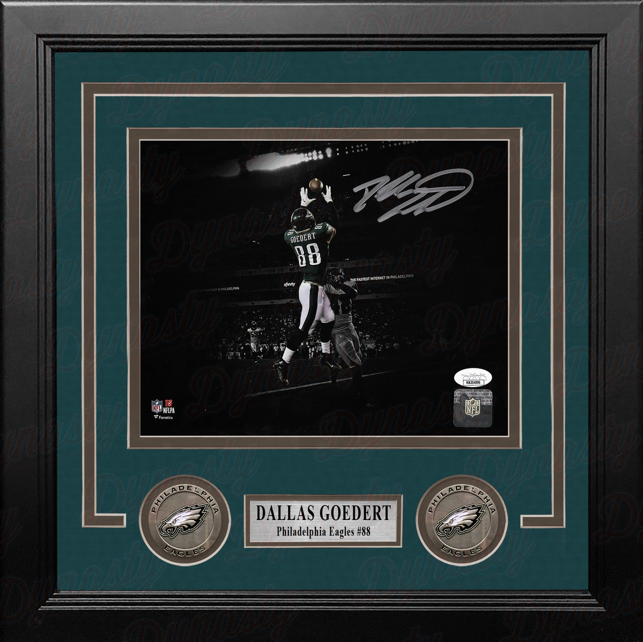 Dallas Goedert End Zone Touchdown Philadelphia Eagles Autographed Framed Blackout Football Photo - Dynasty Sports & Framing 