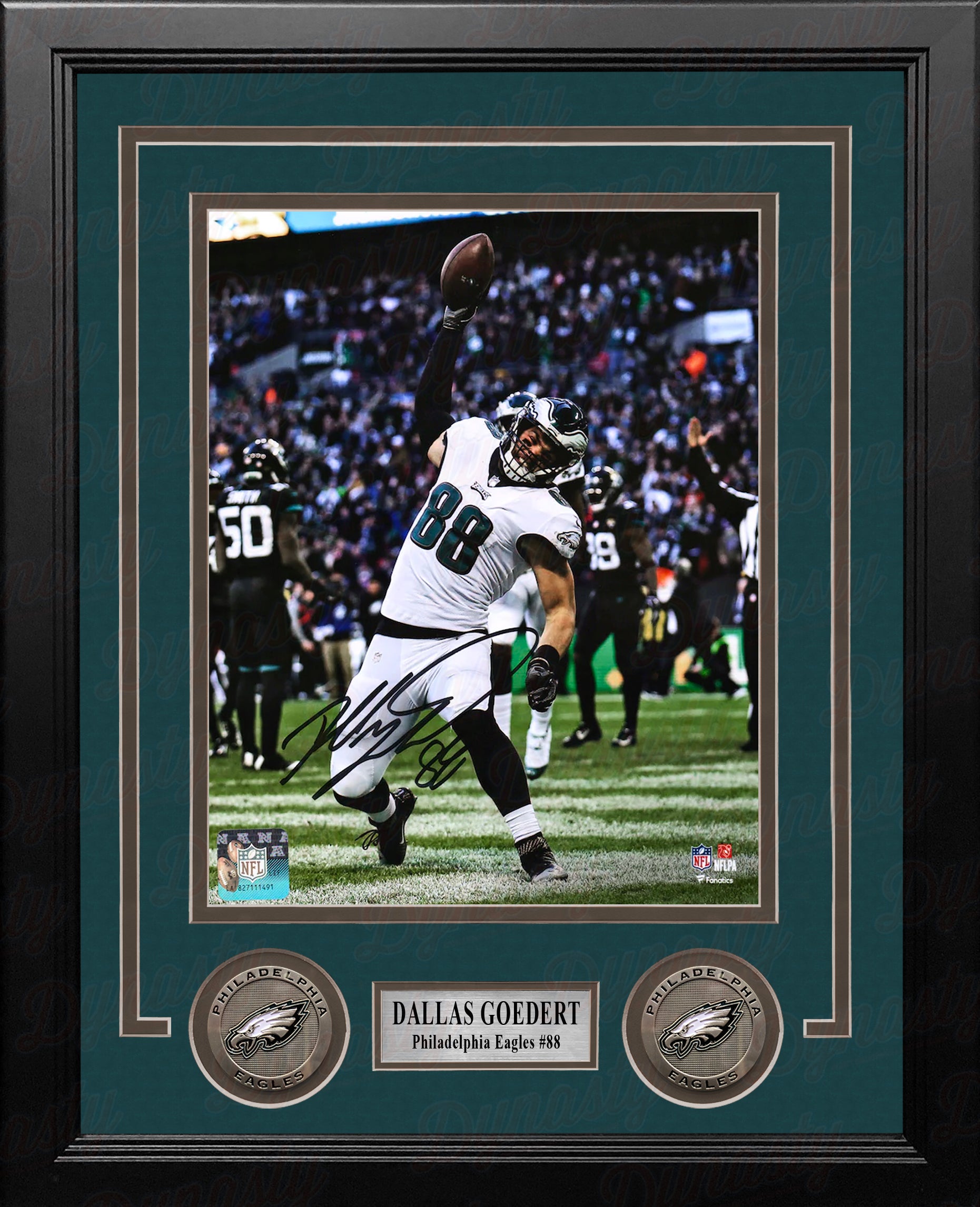 Dallas Goedert Touchdown Spike Philadelphia Eagles Autographed Framed Football Photo - Dynasty Sports & Framing 