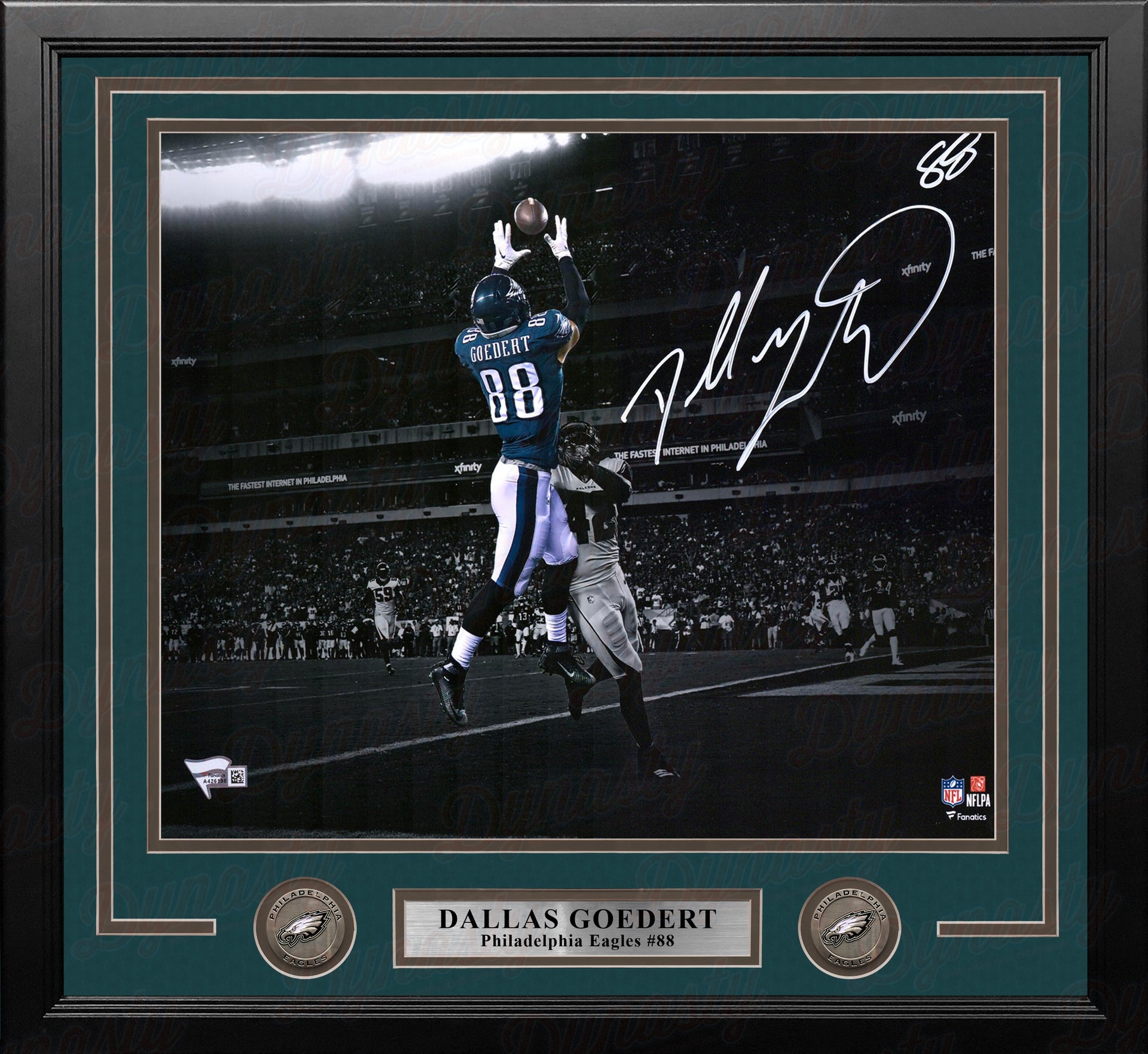 Dallas Goedert Blackout Touchdown Philadelphia Eagles Autographed 11x14 Framed Football Photo - Dynasty Sports & Framing 