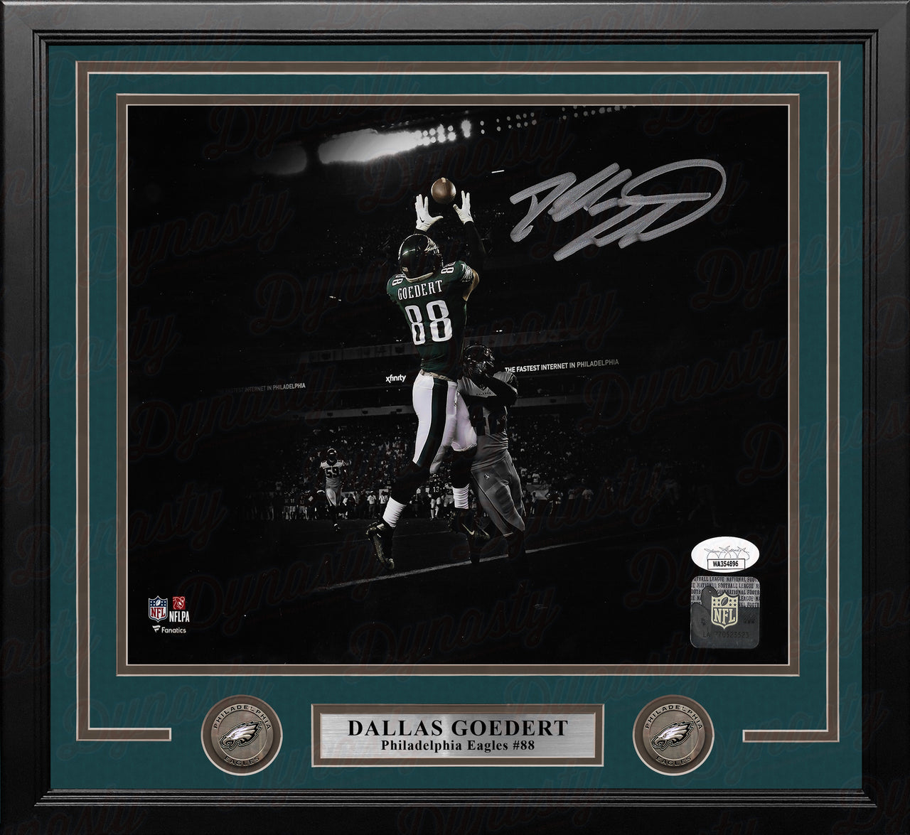Dallas Goedert End Zone Touchdown Philadelphia Eagles Autographed Framed Blackout Football Photo - Dynasty Sports & Framing 