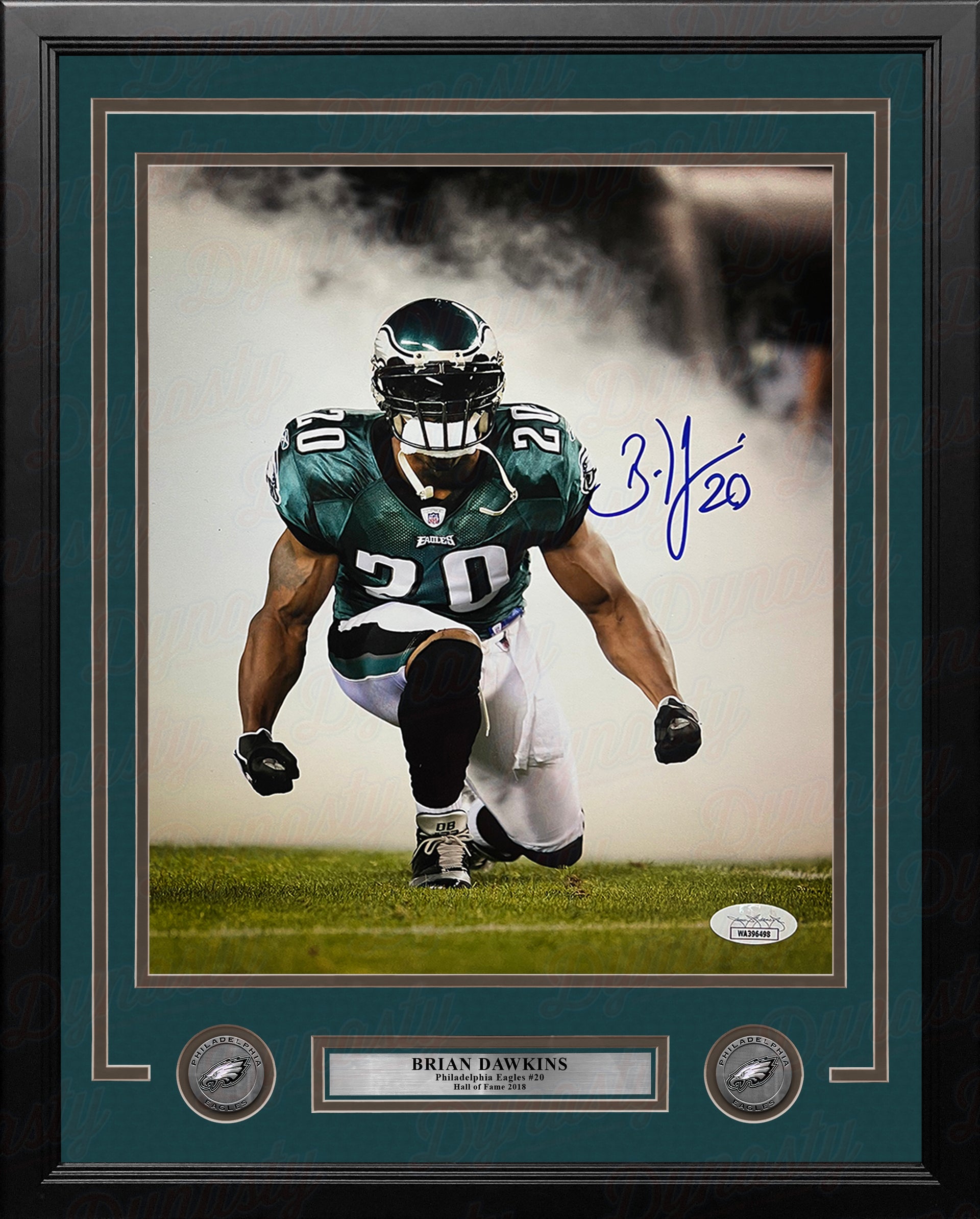 Brian Dawkins Kneeling in the Smoke Philadelphia Eagles Autographed Framed Football Photo - Dynasty Sports & Framing 
