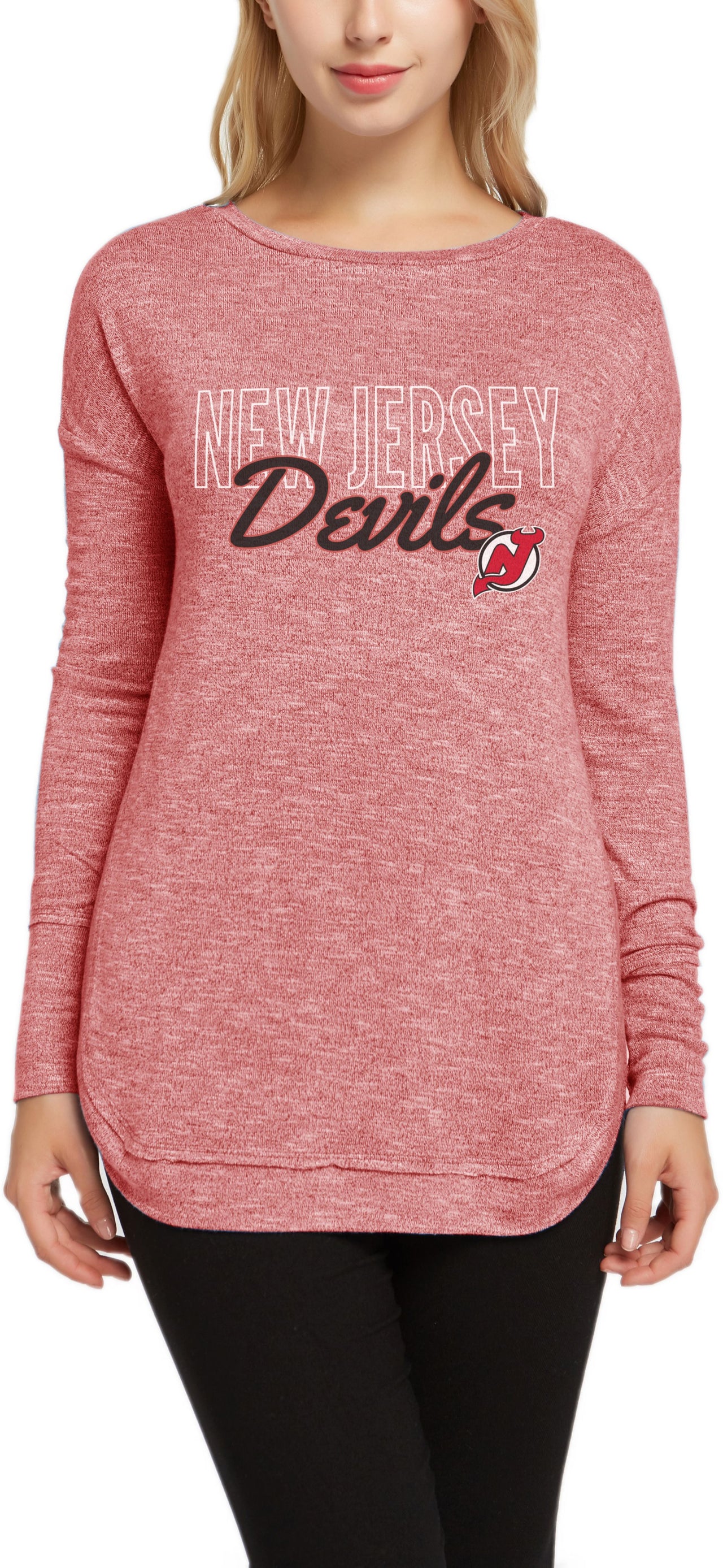 New Jersey Devils Women's Marble Red Heathered Long Sleeve T-Shirt - Dynasty Sports & Framing 
