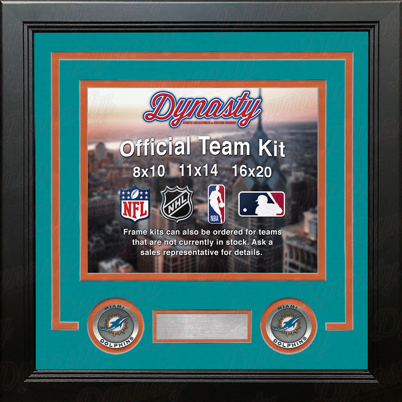 NFL Football Photo Picture Frame Kit - Miami Dolphins (Teal Matting, Orange Trim) - Dynasty Sports & Framing