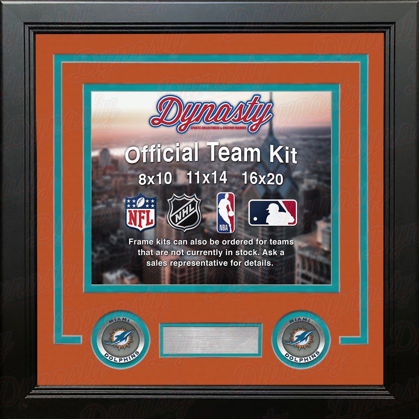 NFL Football Photo Picture Frame Kit - Miami Dolphins (Orange Matting, Teal Trim) - Dynasty Sports & Framing 