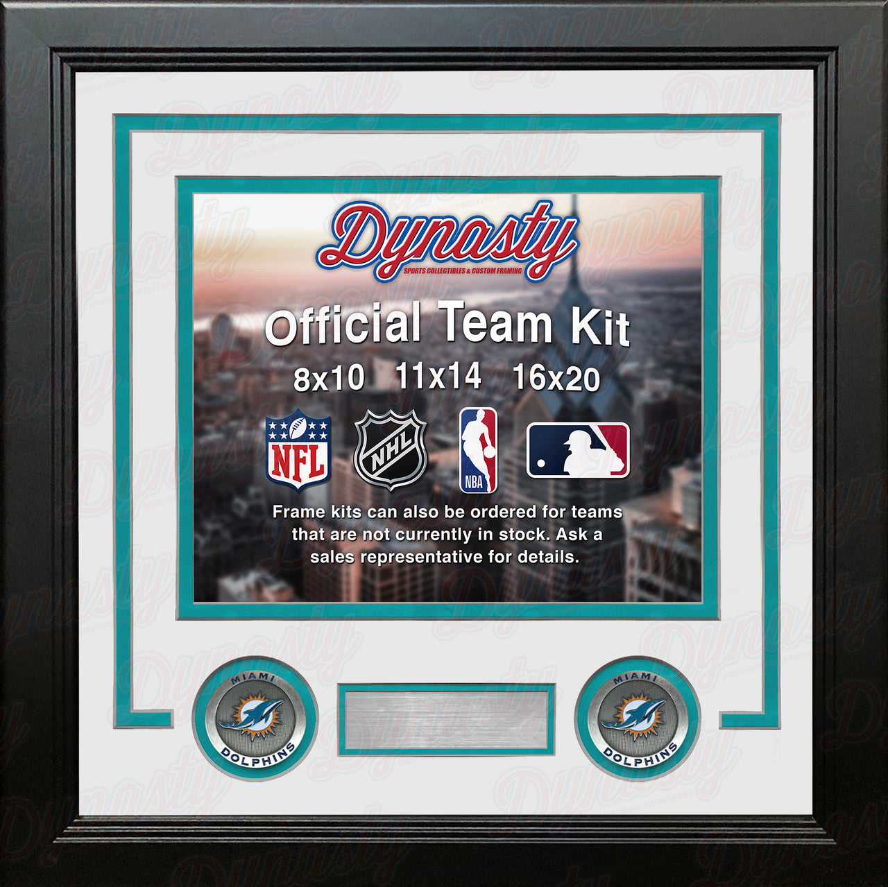 NFL Football Photo Picture Frame Kit - Miami Dolphins (White Matting, Teal Trim) - Dynasty Sports & Framing 