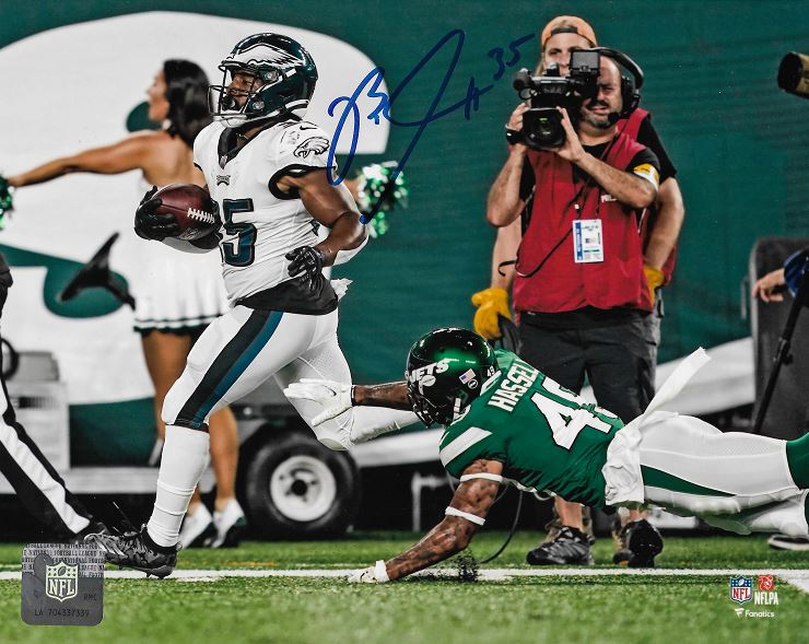 Boston Scott in Action Philadelphia Eagles Autographed Football Photo - Dynasty Sports & Framing