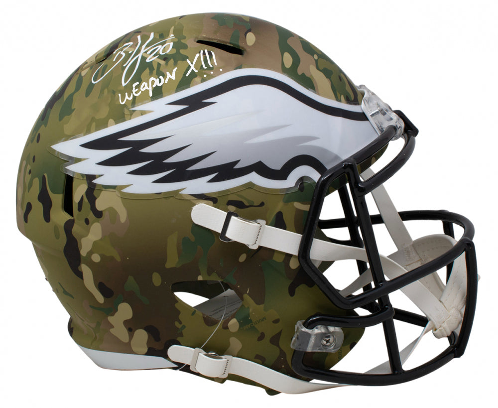 Brian Dawkins Philadelphia Eagles Autographed Football Camo Helmet Inscribed 'Weapon X!!!' - Dynasty Sports & Framing 