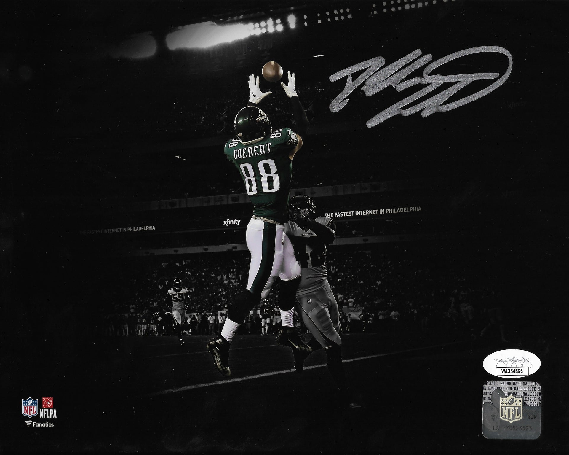 Dallas Goedert End Zone Touchdown Philadelphia Eagles Autographed Blackout Football Photo - Dynasty Sports & Framing 