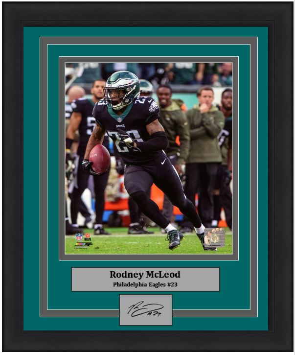 Rodney McLeod in Action Philadelphia Eagles Framed Football Photo with Engraved Autograph - Dynasty Sports & Framing 