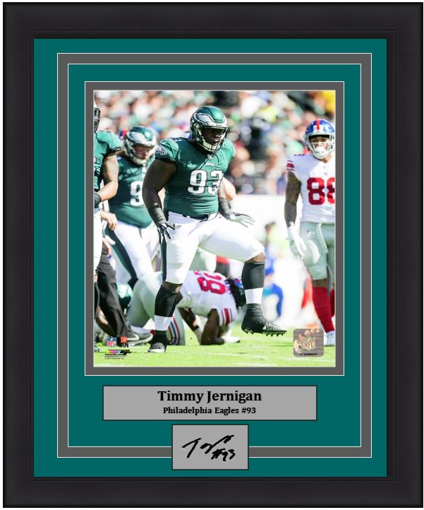 Timmy Jernigan in Action Philadelphia Eagles Framed Football Photo with Engraved Autograph - Dynasty Sports & Framing 