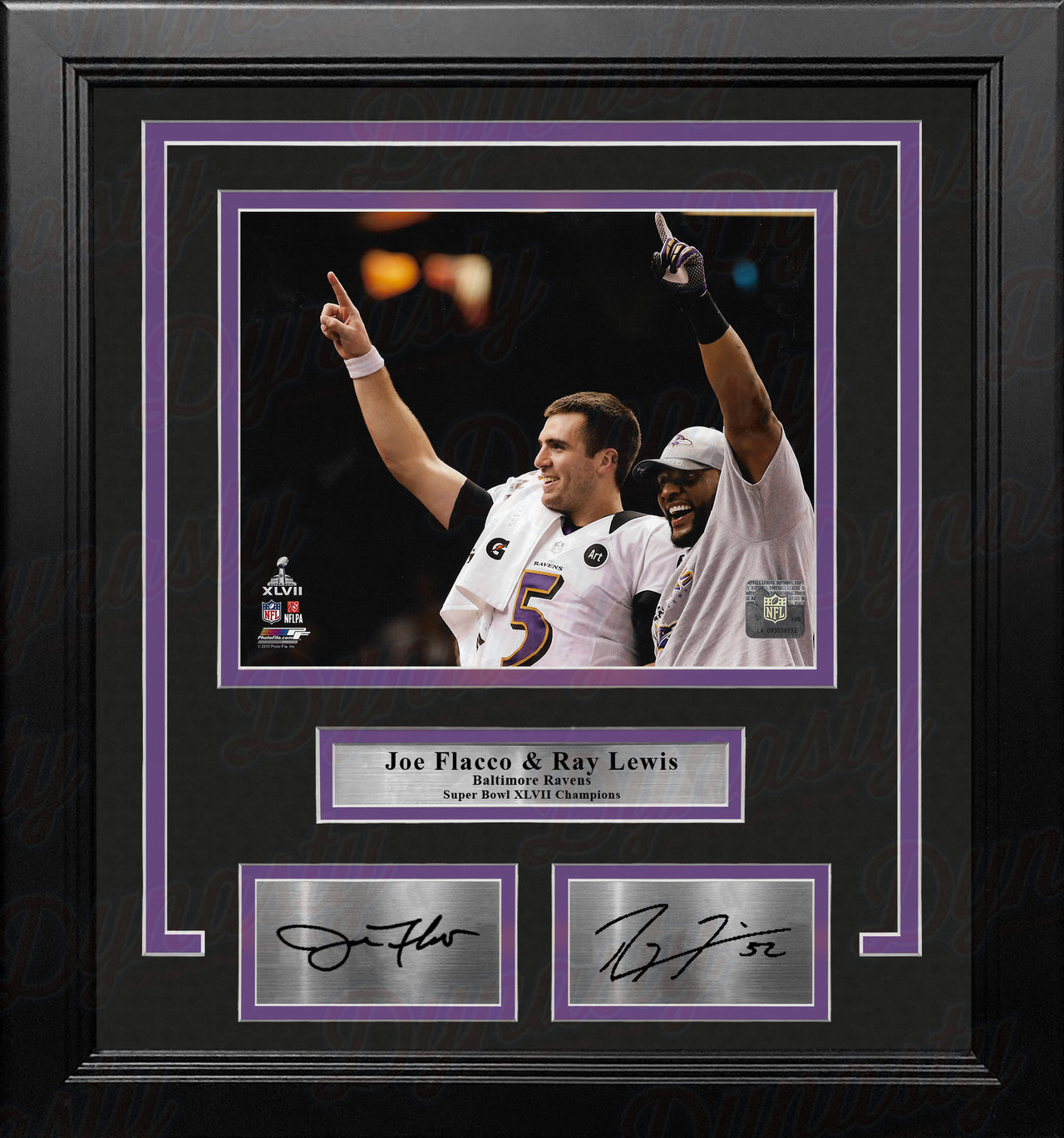 Joe Flacco & Ray Lewis Baltimore Ravens Super Bowl Champs 8x10 Framed Photo with Engraved Autographs - Dynasty Sports & Framing 