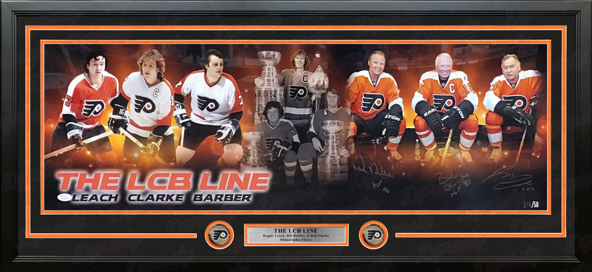 LCB Line (Bob Clarke, Bill Barber, Reggie Leach) Autographed Philadelphia Flyers Framed Panorama - Dynasty Sports & Framing 
