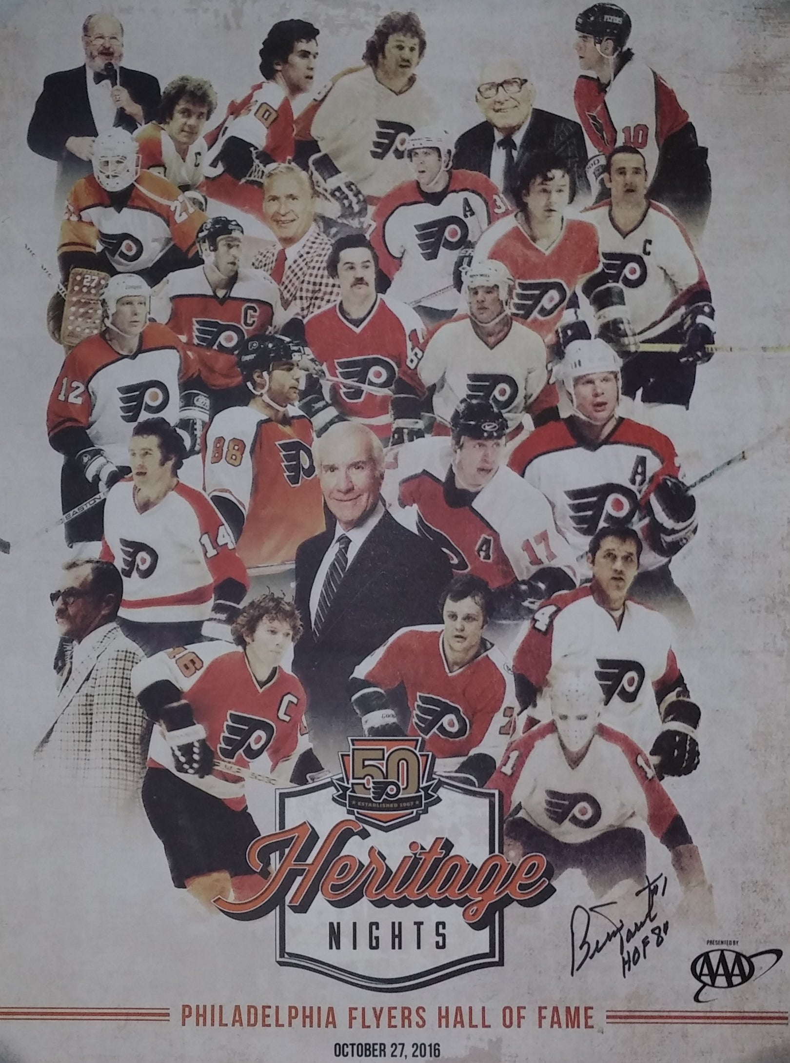 Bernie Parent Autographed 50th Anniversary Alumni Heritage Nights Philadelphia Flyers Poster - Dynasty Sports & Framing 