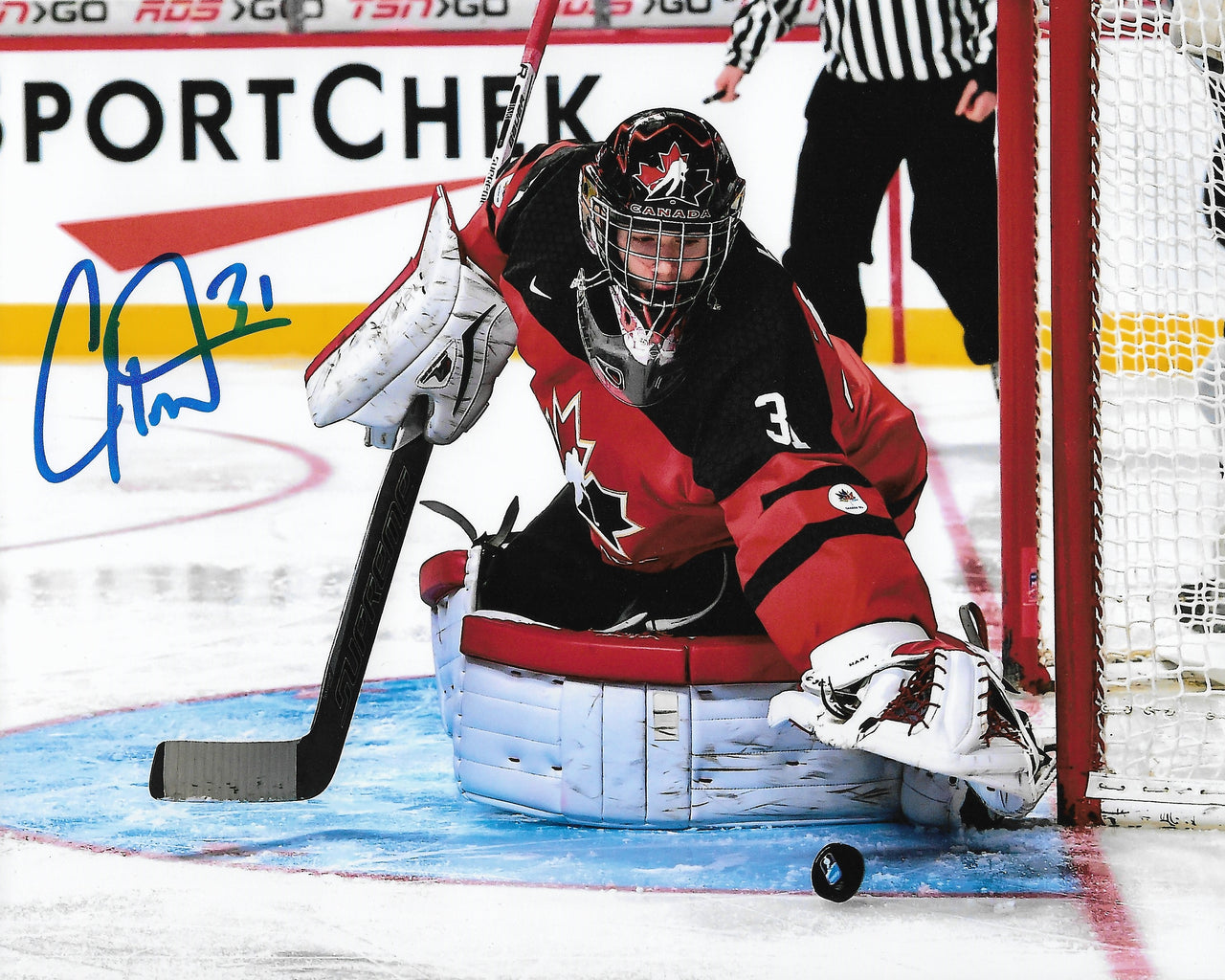 Carter Hart Philadelphia Flyers In Goal for Team Canada Autographed NHL Hockey Photo - Dynasty Sports & Framing 
