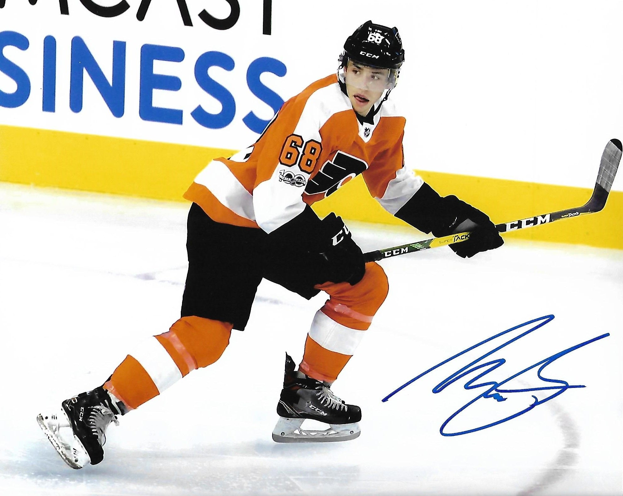 Morgan Frost in Action Autographed Philadelphia Flyers Hockey Photo - Dynasty Sports & Framing 