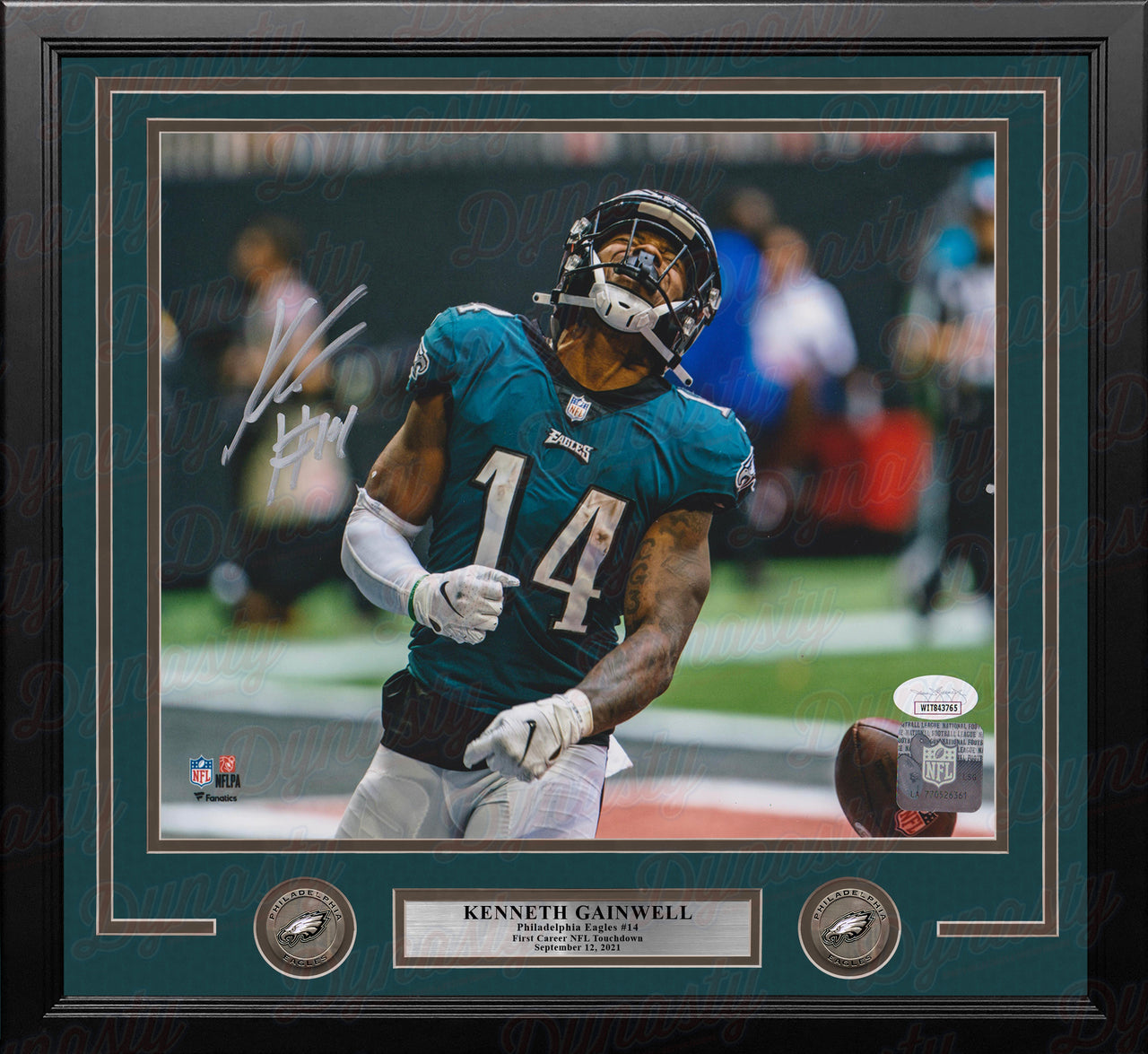 Kenneth Gainwell First Touchdown Philadelphia Eagles Autographed Framed Football Photo - Dynasty Sports & Framing 