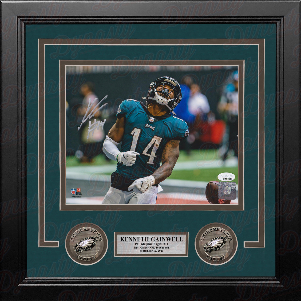 Kenneth Gainwell First Touchdown Philadelphia Eagles Autographed Framed Football Photo - Dynasty Sports & Framing 