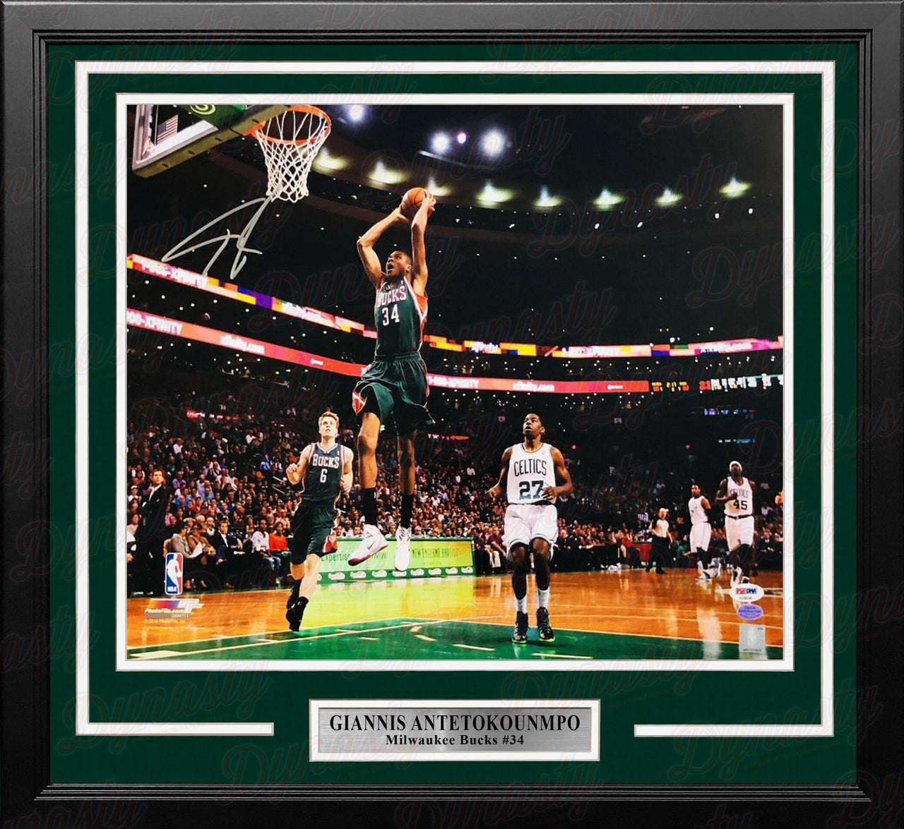 Giannis Antetokounmpo Slam Dunk v. Celtics Milwaukee Bucks Autographed 16x20 Framed Basketball Photo - Dynasty Sports & Framing