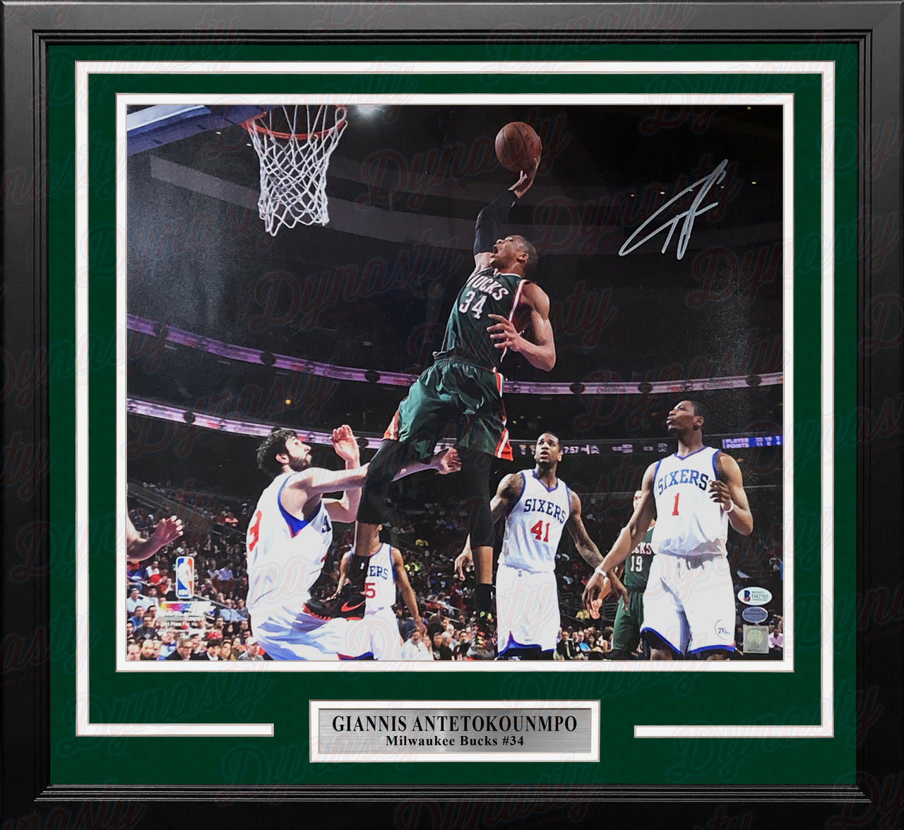 Giannis Antetokounmpo Slam Dunk v. 76ers Milwaukee Bucks Autographed 16x20 Framed Basketball Photo - Dynasty Sports & Framing 