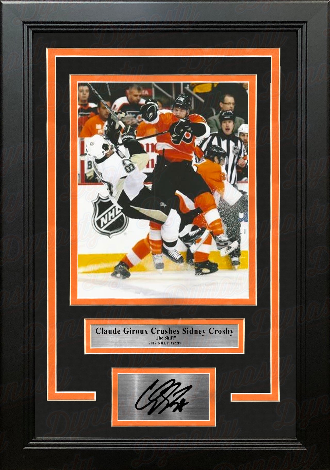 Claude Giroux Hits Sidney Crosby Philadelphia Flyers Playoffs Framed Photo with Engraved Autograph - Dynasty Sports & Framing 