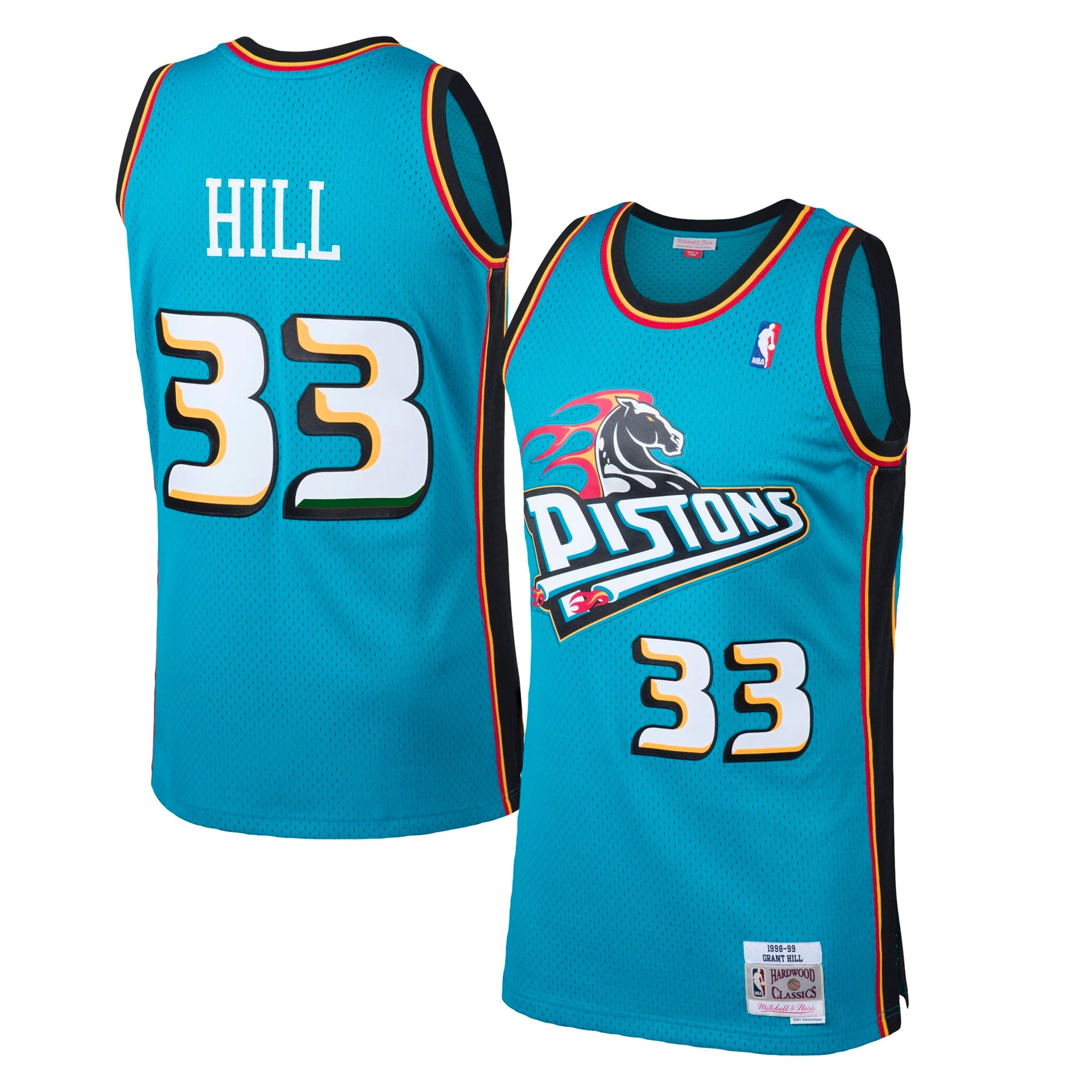 Men's Mitchell & Ness Grant Hill Teal/Red Detroit Pistons Hardwood Classics 1999/00 Split Swingman Jersey Size: Small