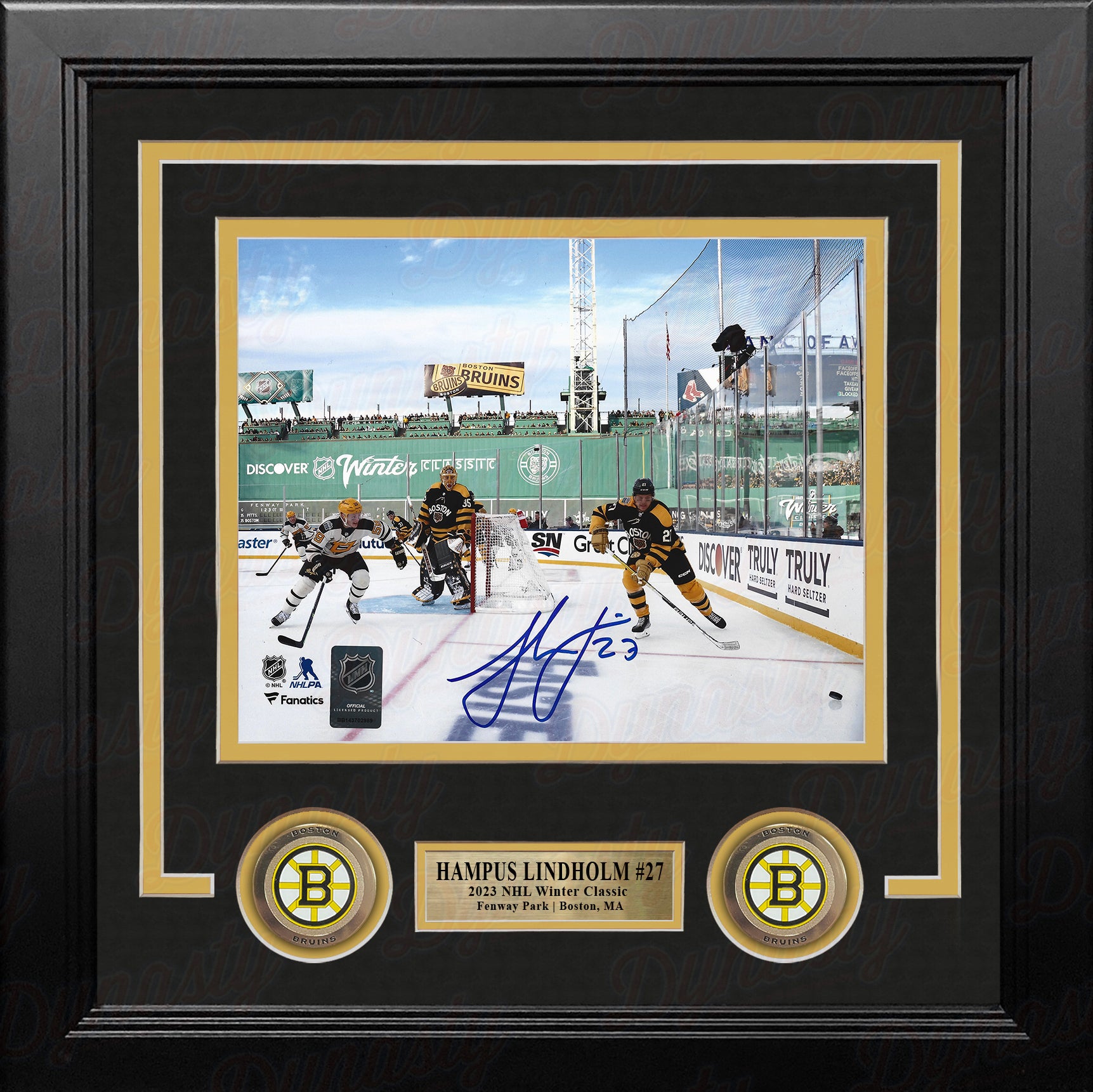 Hampus Lindholm 2023 Winter Classic Fenway Park Green Monster Boston Bruins Autographed Framed Photo - Dynasty Sports & Framing 