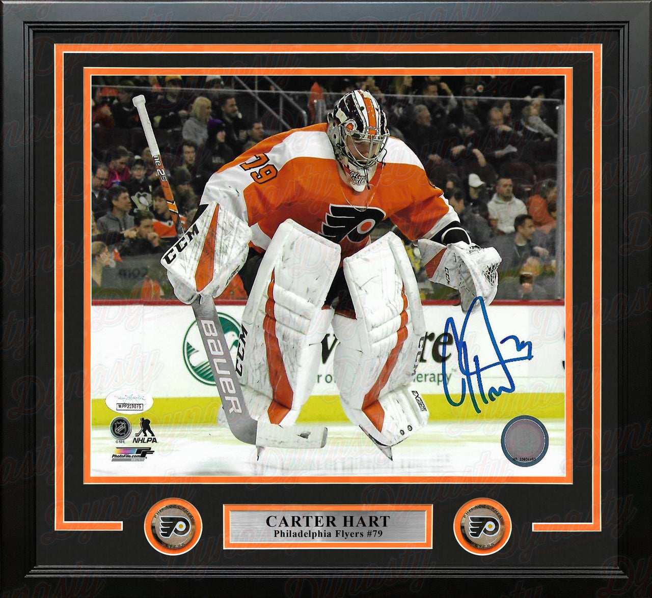Carter Hart Philadelphia Flyers Jump Autographed NHL Hockey Framed and Matted Photo - Dynasty Sports & Framing 
