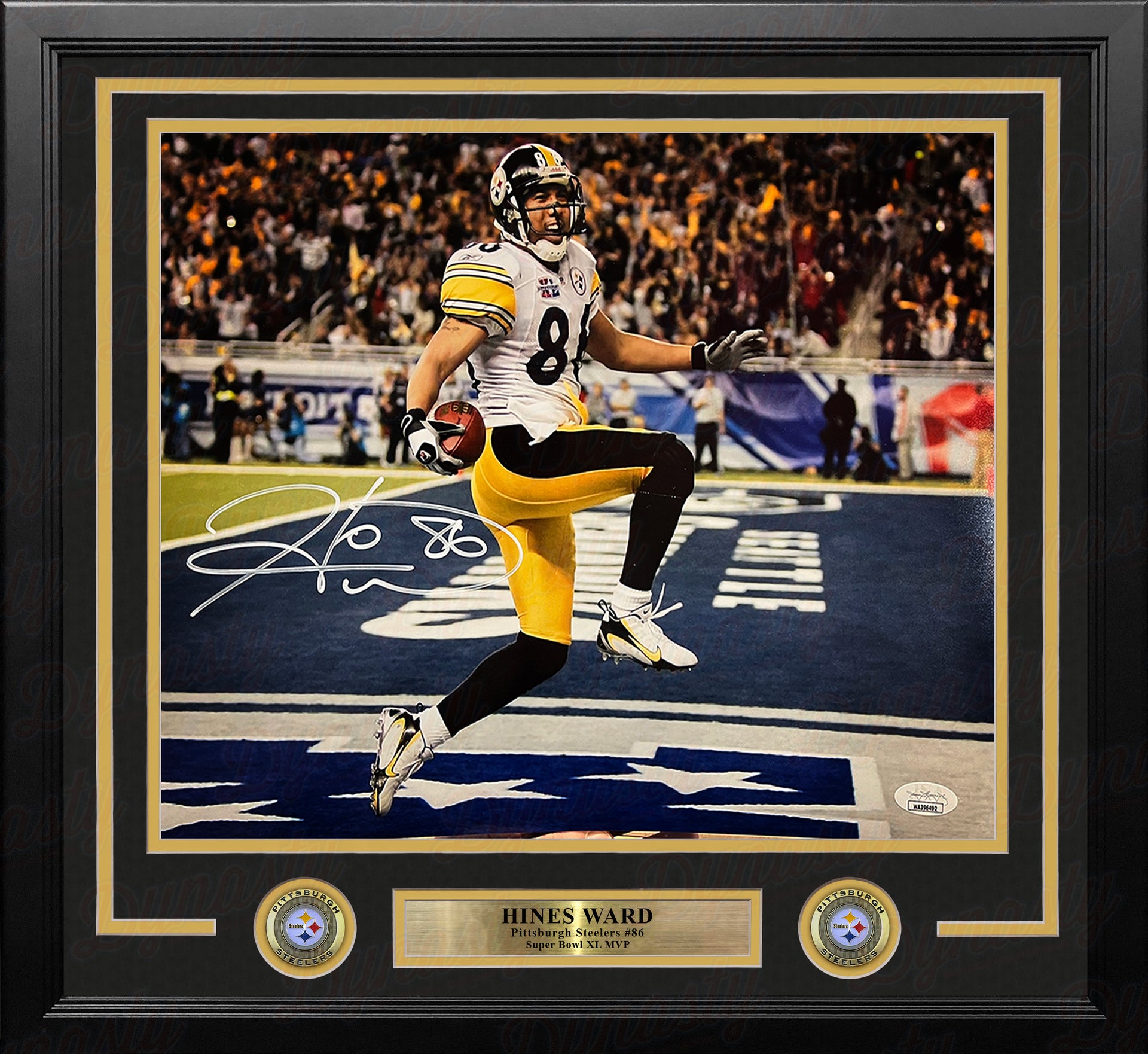 Hines Ward Super Bowl Touchdown Pittsburgh Steelers Autographed Framed Football Photo - Dynasty Sports & Framing 