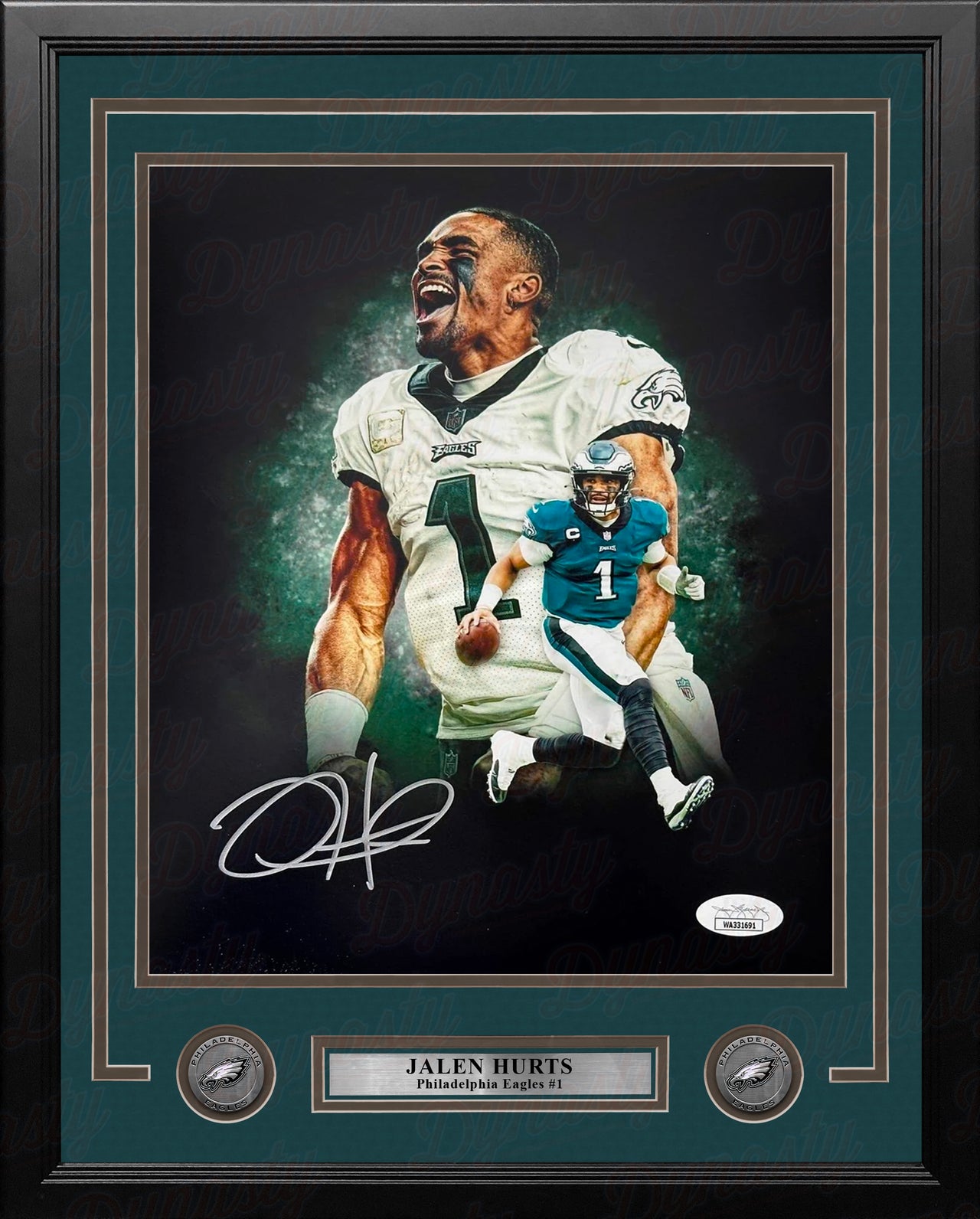 Jalen Hurts Philadelphia Eagles Autographed 11" x 14" Framed Football Collage Photo - Dynasty Sports & Framing 