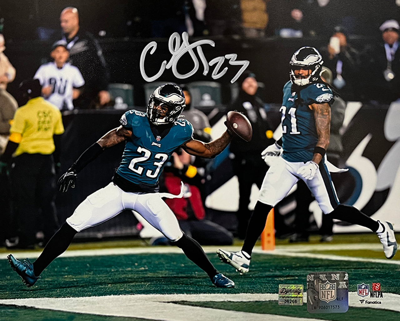 C. J. Gardner-Johnson Touchdown Spike Philadelphia Eagles Autographed Football Photo - Dynasty Sports & Framing 