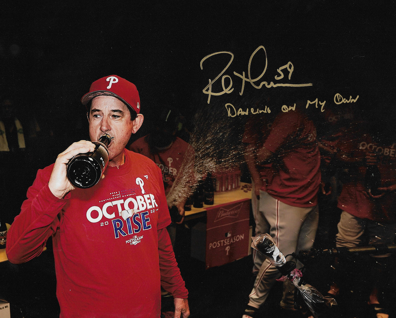 Rob Thomson NL Champs Locker Room Philadelphia Phillies Autographed 16x20 Photo (Dancing on my Own) - Dynasty Sports & Framing 