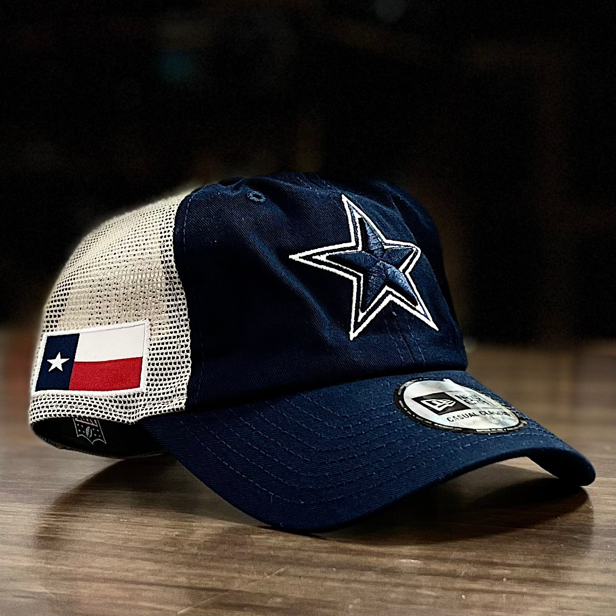 Dallas Cowboys New Era Flag Trucker 9TWENTY Snapback Hat - Navy/Natural - Dynasty Sports & Framing 