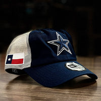 Dallas Cowboys New Era Flag Trucker 9TWENTY Snapback Hat - Navy/Natural - Dynasty Sports & Framing 