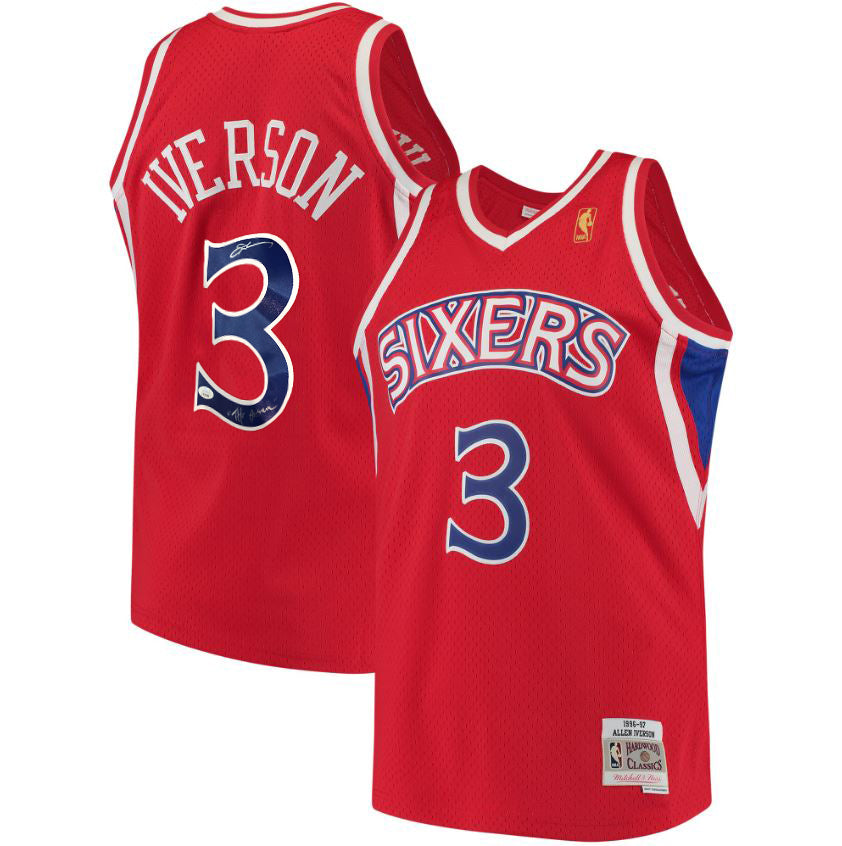 Allen Iverson Philadelphia 76ers Autographed Red Mitchell & Ness Jersey Incribed The Answer - Dynasty Sports & Framing 