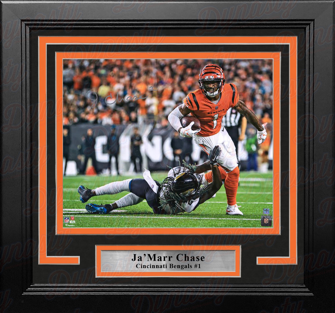Ja'Marr Chase in Action Cincinnati Bengals Autographed Framed Football Photo - Dynasty Sports & Framing 